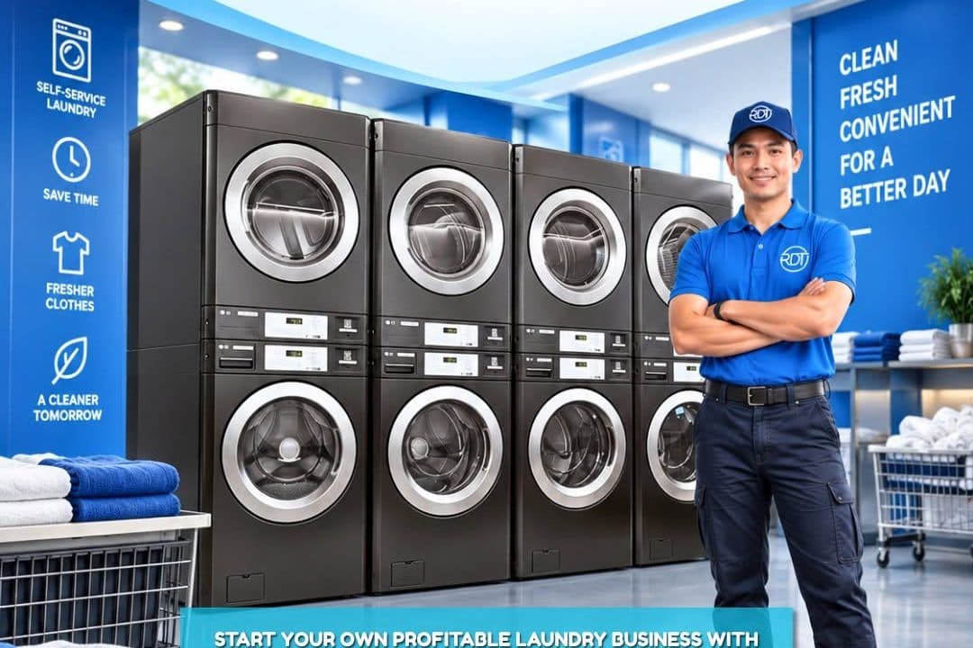 Row of commercial washers and dryers