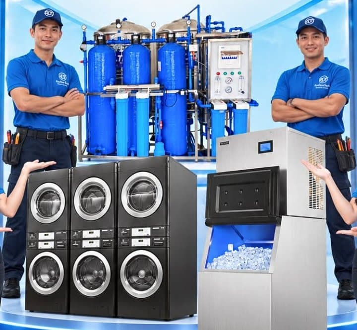RenDewTech team beside a water refilling system, commercial washers and an ice machine